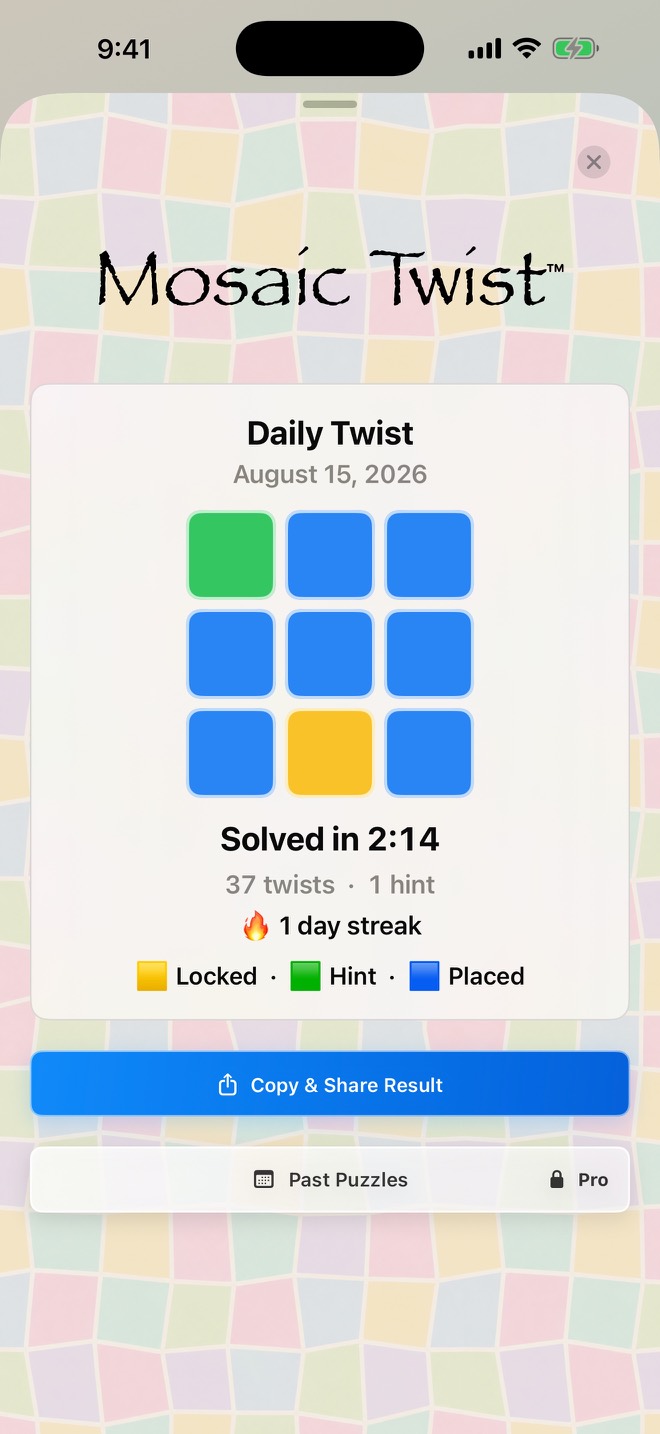 A completed Daily Twist result showing a spoiler-free color grid, solve time, twist and Hint counts, streak, Copy and Share Result, and Past Puzzles.