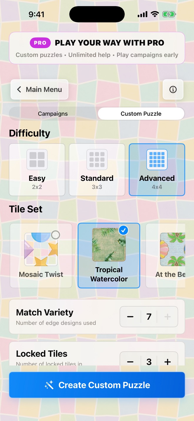 The Mosaic Twist Pro Custom Puzzle screen with difficulty, tile set, match variety, and locked-tile controls.