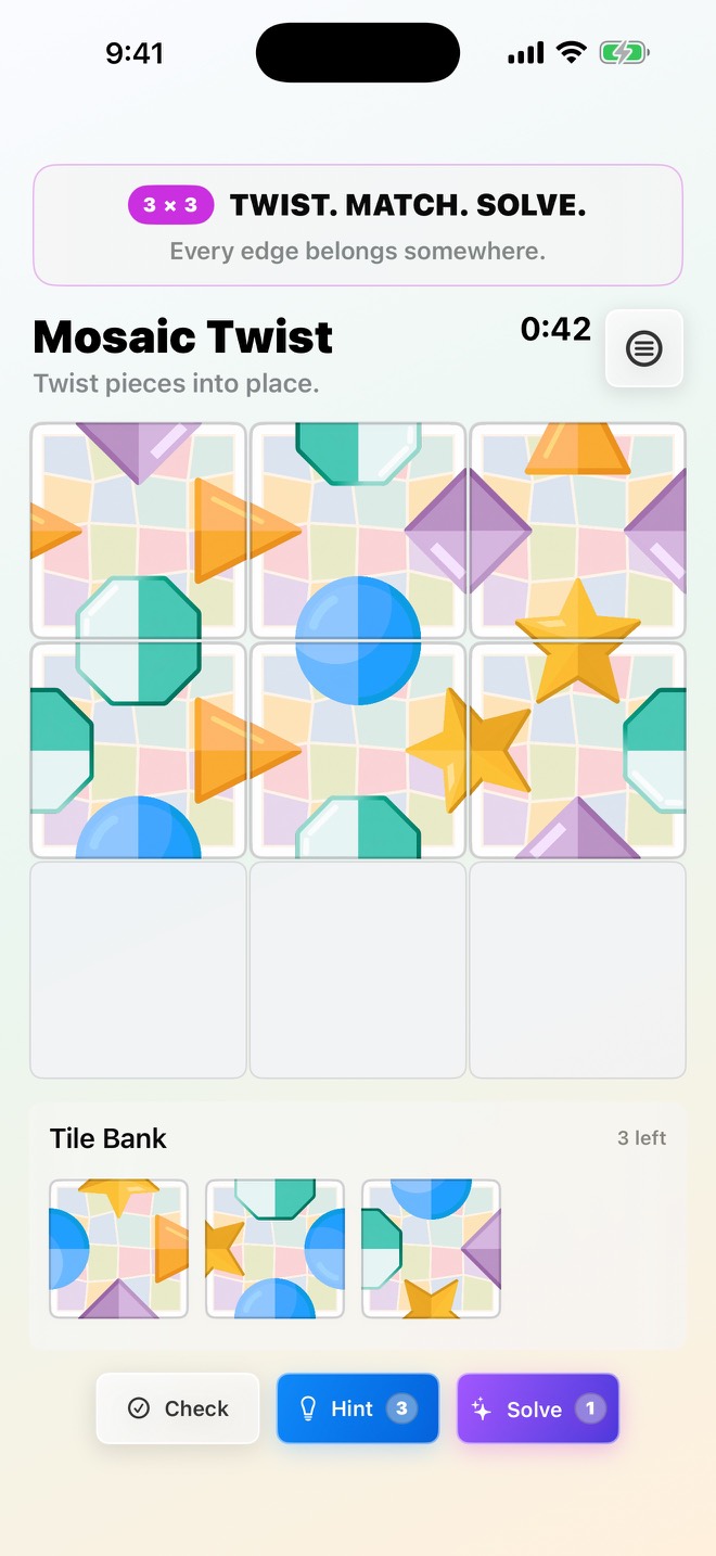 A three-by-three Mosaic Twist puzzle with colorful shape tiles, three open board spaces, and Check, Hint, and Solve controls.